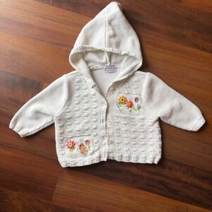 Talbots Kids White Knit‎ Cardigan Embroidered Flowers Squirrel Baby Size 6M